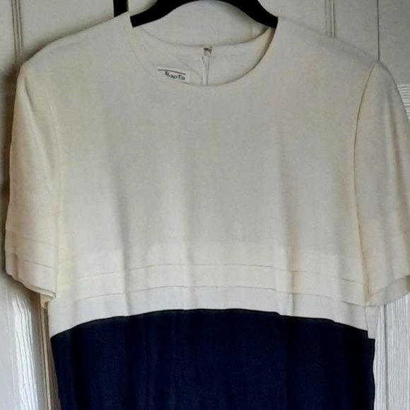 Talbots Petites Linen Blend Short-Sleeve Color-Blocked Navy Dress Size 8P - Picture 2 of 5